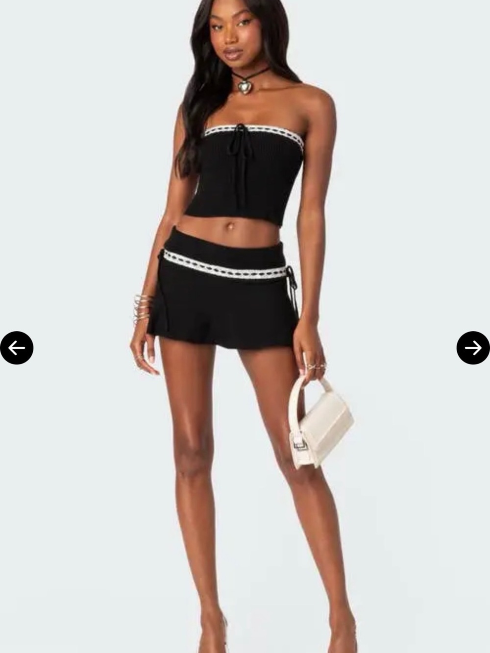Edikted Khloe Lacey Ribbon Knit Mini Skirt Black White Lace Bow XS